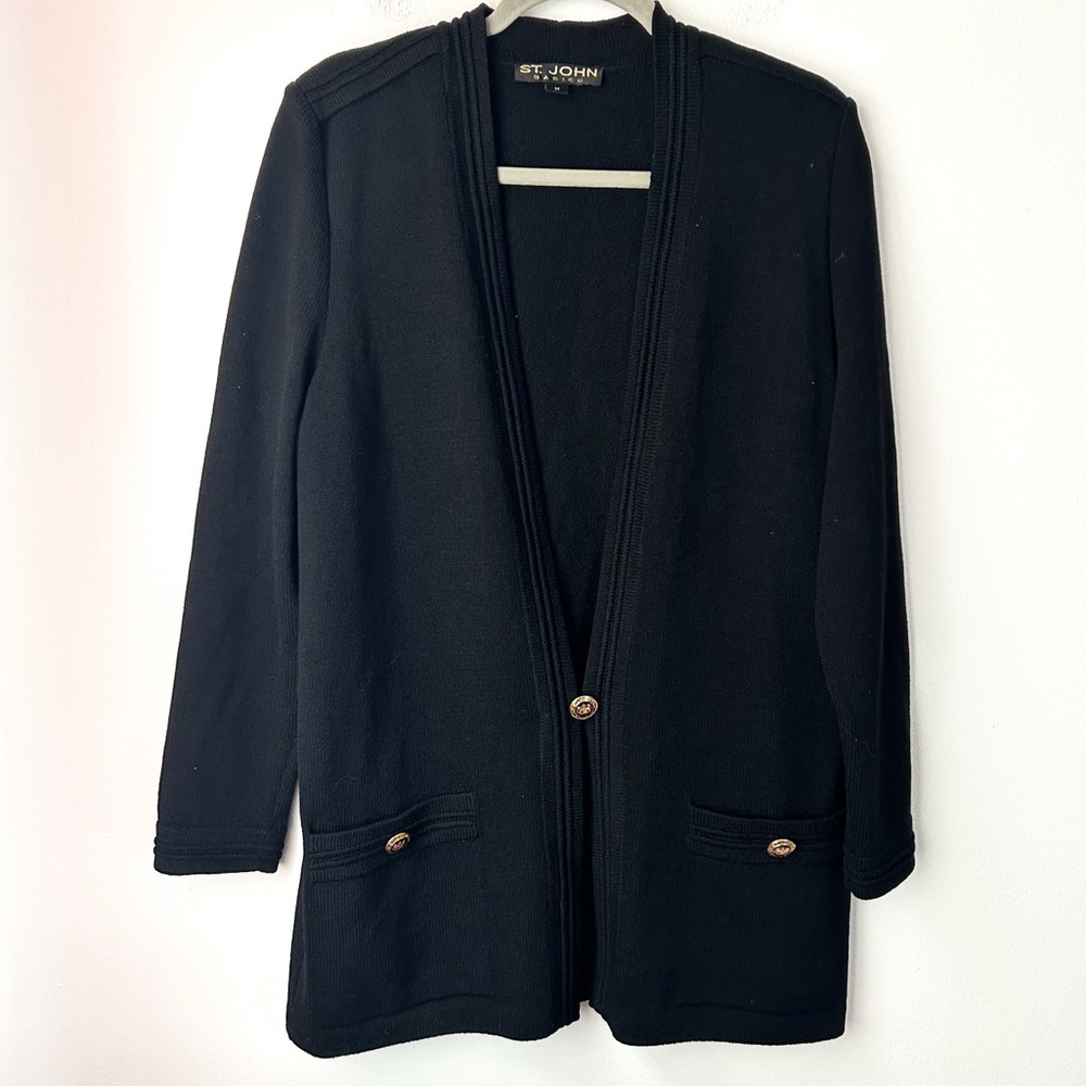 St John Basics Black Cardigan with Gold Buttons | Medium